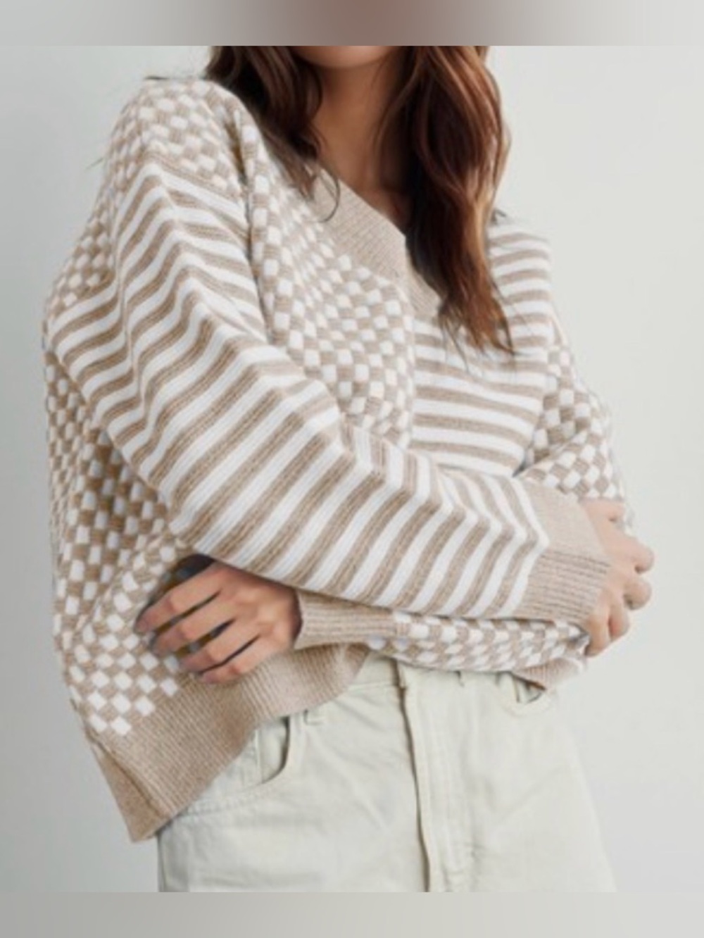 UNCLECAT Beige & Cream Tan V-Neck Striped & Check Pattern Knit Sweater sz M - Picture 2 of 11
